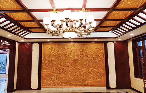 田东中式别墅客厅中式木作横梁吊顶装饰展示